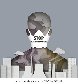 Vector layered paper cut style man silhouette in face mask, city buildings and industrial plant with smoking pipes. Stop air pollution, save environment, ecology concept.