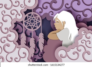 Vector layered paper cut style sleeping beautiful girl and dream catcher with feathers. Sweet dreams concept for card, banner, flyer, poster etc.