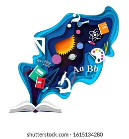 Vector layered paper cut style open book with school supplies flying out of it. Children education, knowledge, back to school concept.