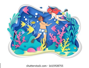 Vector layered paper cut style underwater world and happy tourist couple swimming using snorkel and mask. Snorkeling, summer beach activity composition for web banner, website page etc.