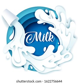 Vector layered paper cut style milk pouring from glass. Natural fresh milk splashing sticker, label etc.