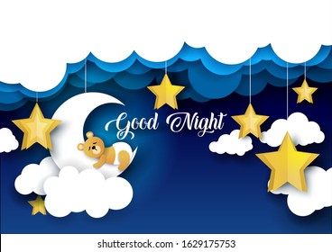 Vector layered paper cut style cute teddy bear sleeping on crescent moon, good night lettering. Creative beautiful sweet dreams composition for card, banner, flyer, poster etc.