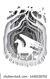 Vector layered paper cut style forest landscape and mythical Pegasus silhouette. Creative fairytale composition.