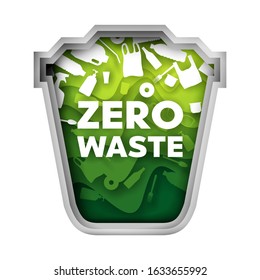 Vector layered paper cut style Zero waste green trash can with plastic garbage. Life without plastic concept for web banner, website page etc.