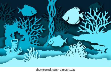 Vector layered paper cut style deep ocean bottom landscape with coral reef, fish, seaweed. Beautiful underwater world in public aquarium in paper art craft style. Underwater sea walk attractions.