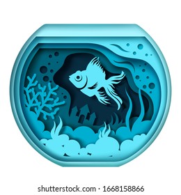 Vector Layered Paper Cut Style Glass Aquarium With Underwater Plants, Exotic Fish And Stones. Home Fishbowl With Beautiful Marine Pet Fish In Paper Art Craft Style.