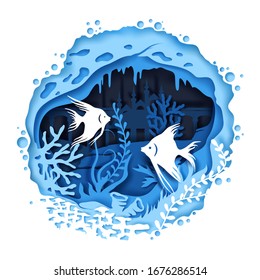 Vector layered paper cut style undersea cave, tropical exotic fish, aquatic plants and sunken city buildings. Aquarium, deep ocean bottom landscape, fish tank decorations in paper art craft style.