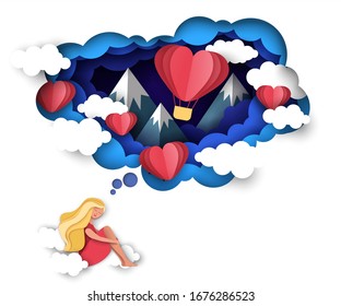 Vector layered paper cut style sky with clouds, flying heart hot air balloon, cute girl falling in love sitting on fluffy clouds. Sweet dreams about love concept. Valentines Day greeting card template