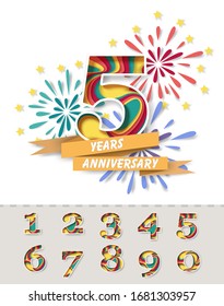 Vector Layered Paper Cut Style Number 5, Numbers From 0 To 9, Ribbon With Text, Party Celebration Fireworks. 5th Year Anniversary Invitation, Greeting Card, Poster Template.