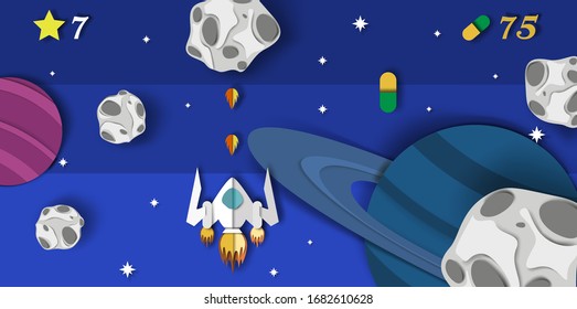 Vector layered paper cut style space background for galaxy video game. Outer space and cosmic game items such as fantasy planets, spaceship, meteorites, asteroids.