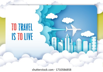 Vector layered paper cut style fluffy clouds, airplane flying over city skyscrapers. Time to travel, international tourism concept. Air travel poster template.