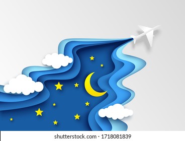 Vector layered paper cut style night starry sky, fluffy clouds, flying plane. World travel, air flight, time to travel concept for web banner, website page etc.