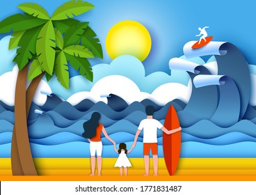 Vector layered paper cut style ocean waves and family with surfboard. Summer vacation, surfing, beach water activities, family travel poster banner template.