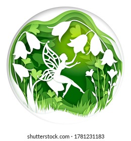 Vector Layered Paper Cut Style Fairytale Composition. Cute Magical Fairy Sitting On Bellflower. Beautiful Fairytale Scene In White And Green Colors.