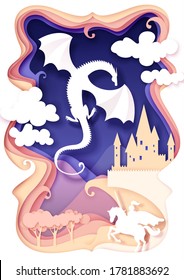 Vector Layered Paper Cut Style Fairytale Composition. Brave Knight With Sword On Horseback Fighting Dragon Next To Medieval Castle. Beautiful Fairytale Scene In Blue And Pastel Colors.