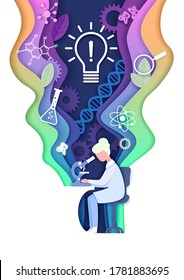 Vector layered paper cut style science learning composition. Science education lab, innovation light bulb, dna research, scientific experiment concept. - Shutterstock ID 1781883695