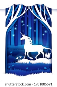 Vector Layered Paper Cut Style Fairytale Composition. Magic Unicorn In The Woods At Night, Mythical Fairy Tale Character Silhouette. Beautiful Fairytale Scene In White And Blue Colors.