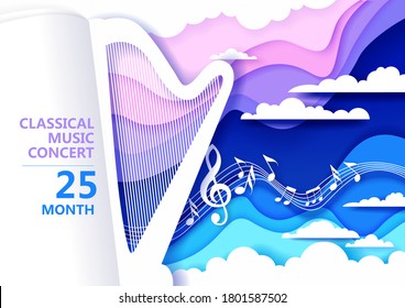 Vector layered paper cut style creative musical background with harp musical instrument, music notes, clouds and sky. Classical music concert vintage composition for poster banner flyer invitation.