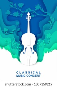 Vector layered paper cut style creative musical background with violin musical instrument, music notes, birds. Classical music concert vintage composition for poster banner flyer invitation.