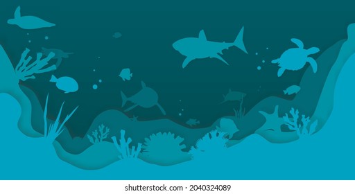 Vector layered paper cut style deep ocean bottom landscape with fishes and coral reefs. Vector illustration texture. Beautiful underwater world in public aquarium in paper art craft style.