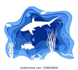 Vector layered paper cut style underwater sea illustratio with shark, pterois, crab and coral reef