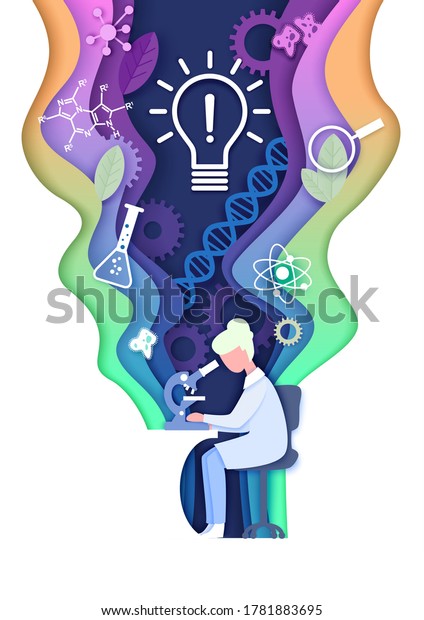 Vector layered paper cut style\
science learning composition. Science education lab, innovation\
light bulb, dna research, scientific experiment\
concept.