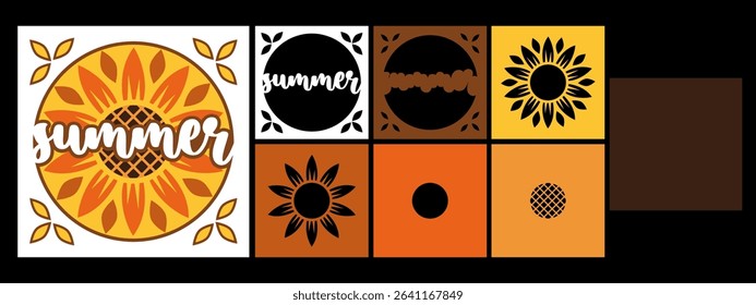 Vector layered paper cut summer design with sunflower. 3D shadow box or tunnel card with flower. Floral template for paper cutting