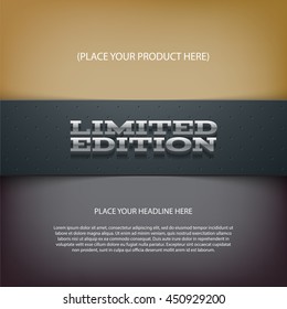 Vector layered promo banner with realistic shadow. Limited edition. Dotted leather texture stripe. 3d stainless steel typography. Flyer design template. Web advertisement.