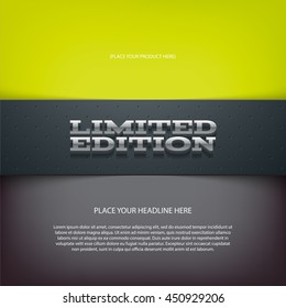 Vector layered promo banner with realistic shadow. Limited edition. Dotted leather texture stripe. 3d stainless steel typography. Flyer design template. Web advertisement.
