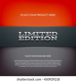 Vector layered promo banner with realistic shadow. Limited edition. Dotted leather texture stripe. 3d stainless steel typography. Flyer design template. Web advertisement.