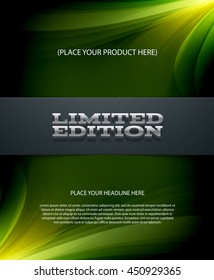 Vector layered promo banner with realistic shadow. Limited edition. Dotted leather texture stripe. 3d stainless steel typography. Flyer design template. Web advertisement.