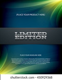 Vector layered promo banner with realistic shadow. Limited edition. Dotted leather texture stripe. 3d stainless steel typography. Flyer design template. Web advertisement.