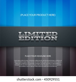 Vector layered promo banner with realistic shadow. Limited edition. Dotted leather texture stripe. 3d stainless steel typography. Flyer design template. Web advertisement.