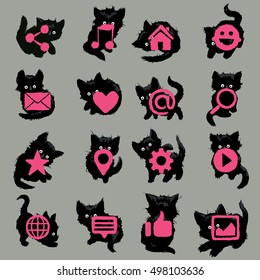 Vector layered set of social media icons with playing cute black kittens