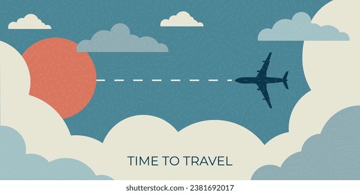 Vector layered sky, fluffy clouds, sun, plane flying over the clouds. Worldwide travel, air flight, time to travel concept for web banner, website page etc. Hand drawn