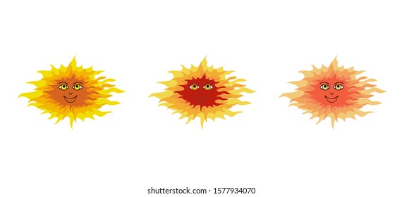 Vector layered sunshine, bright yellow, orange, red color. Summer character design element. Cartoon flat style