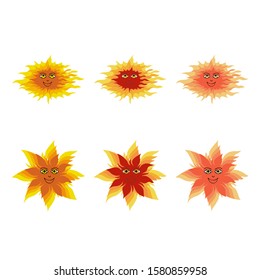 Vector layered sunshine, bright yellow, orange, red color. Summer character design element. Cartoon flat style