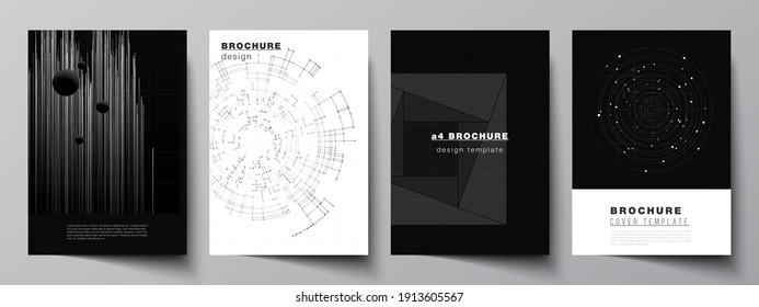 Vector Layout Of A4 Cover Design Templates For Brochure, Flyer Layout, Booklet, Cover Design, Book Design. Black Color Technology Background. Digital Visualization Of Science, Medicine, Tech Concept.