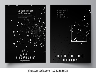 Vector layout of A4 cover design templates for brochure, flyer layout, booklet, cover design, book design. Black color technology background. Digital visualization of science, medicine, tech concept.