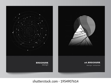 Vector layout of A4 cover design templates for brochure, flyer layout, booklet, cover design, book design. Black color technology background. Digital visualization of science, medicine, tech concept.