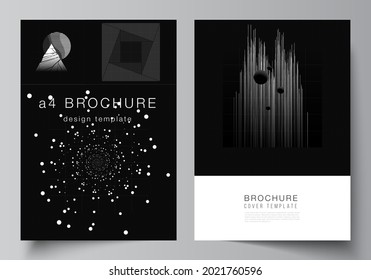 Vector layout of A4 cover design templates for brochure, flyer layout, booklet, cover design, book design. Black color technology background. Digital visualization of science, medicine, tech concept