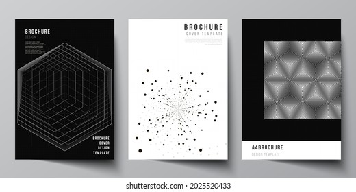 Vector layout of A4 cover design templates for brochure, flyer layout, booklet, cover design, book design. Black color technology background. Digital visualization of science, medicine, tech concept.