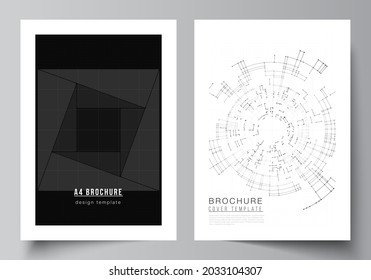Vector layout of A4 cover design templates for brochure, flyer layout, booklet, cover design, book design. Black color technology background. Digital visualization of science, medicine, tech concept.