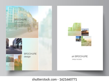 Vector layout of A4 cover mockups design templates for brochure, flyer layout, booklet, cover design, book design, brochure cover. Abstract project with clipping mask green squares for your photo.