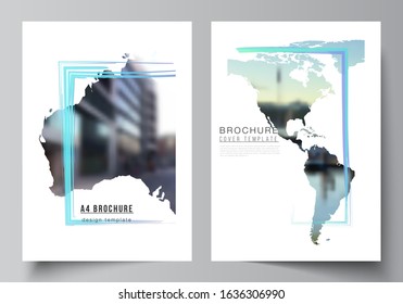 Vector layout of A4 cover mockups templates for brochure, flyer layout, cover design, book design, brochure cover. Design template in the form of world maps and colored frames, insert your photo.