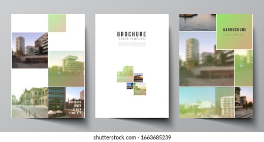 Vector layout of A4 cover mockups design templates for brochure, flyer layout, booklet, cover design, book design, brochure cover. Abstract project with clipping mask green squares for your photo.