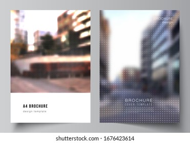 Vector layout of A4 cover mockups design templates for brochure, flyer, booklet, cover design, book design, brochure cover. Abstract halftone effect decoration with dots. Dotted pattern decoration.