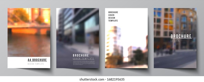 Vector layout of A4 cover mockups design templates for brochure, flyer, booklet, cover design, book design, brochure cover. Abstract halftone effect decoration with dots. Dotted pattern decoration.