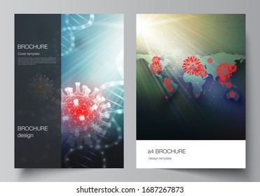 Vector layout of A4 cover mockups templates for brochure, flyer layout, booklet, cover design, book design. 3d medical background of corona virus. Covid 19, coronavirus infection. Virus concept.