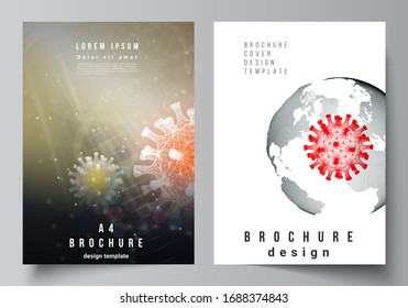 Vector layout of A4 cover mockups templates for brochure, flyer layout, booklet, cover design, book design. 3d medical background of corona virus. Covid 19, coronavirus infection. Virus concept.